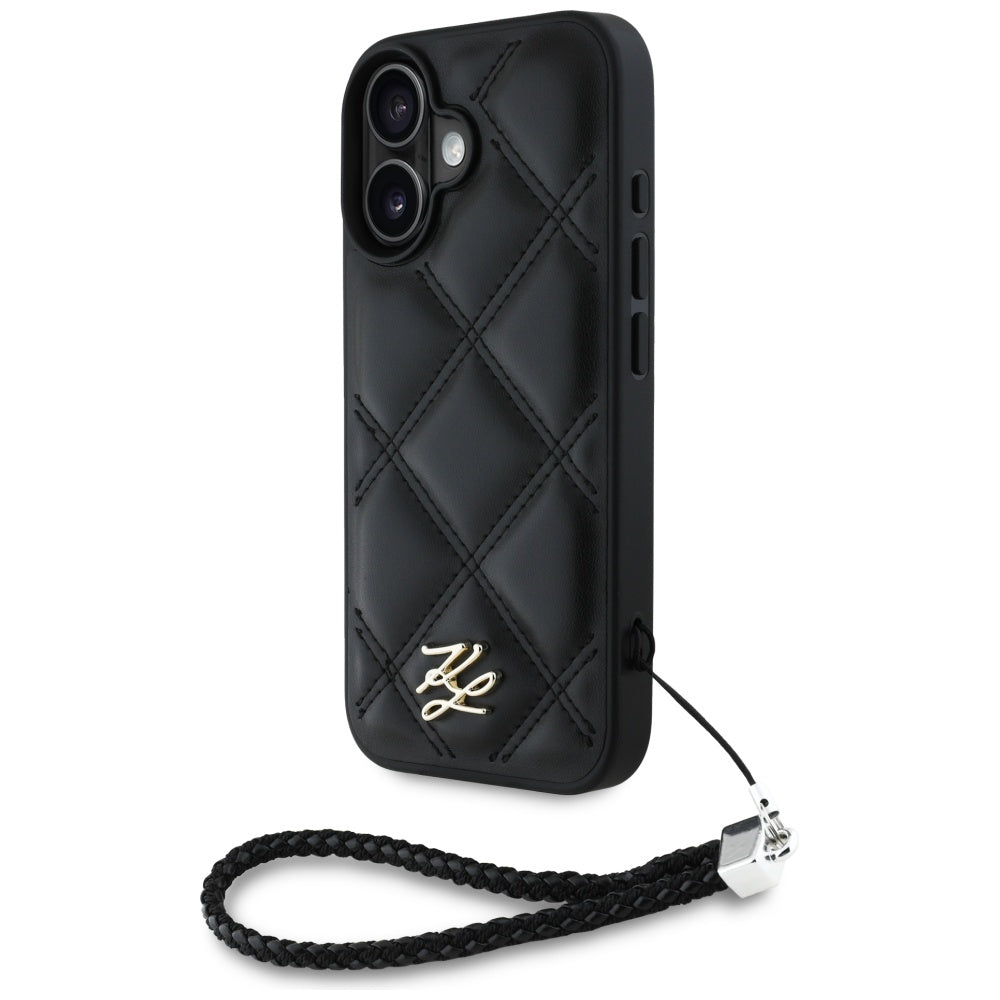 Pouzdro pro Apple iPhone 16, Karl Lagerfeld, Quilted Initial Logo & Chain Strap, Černá