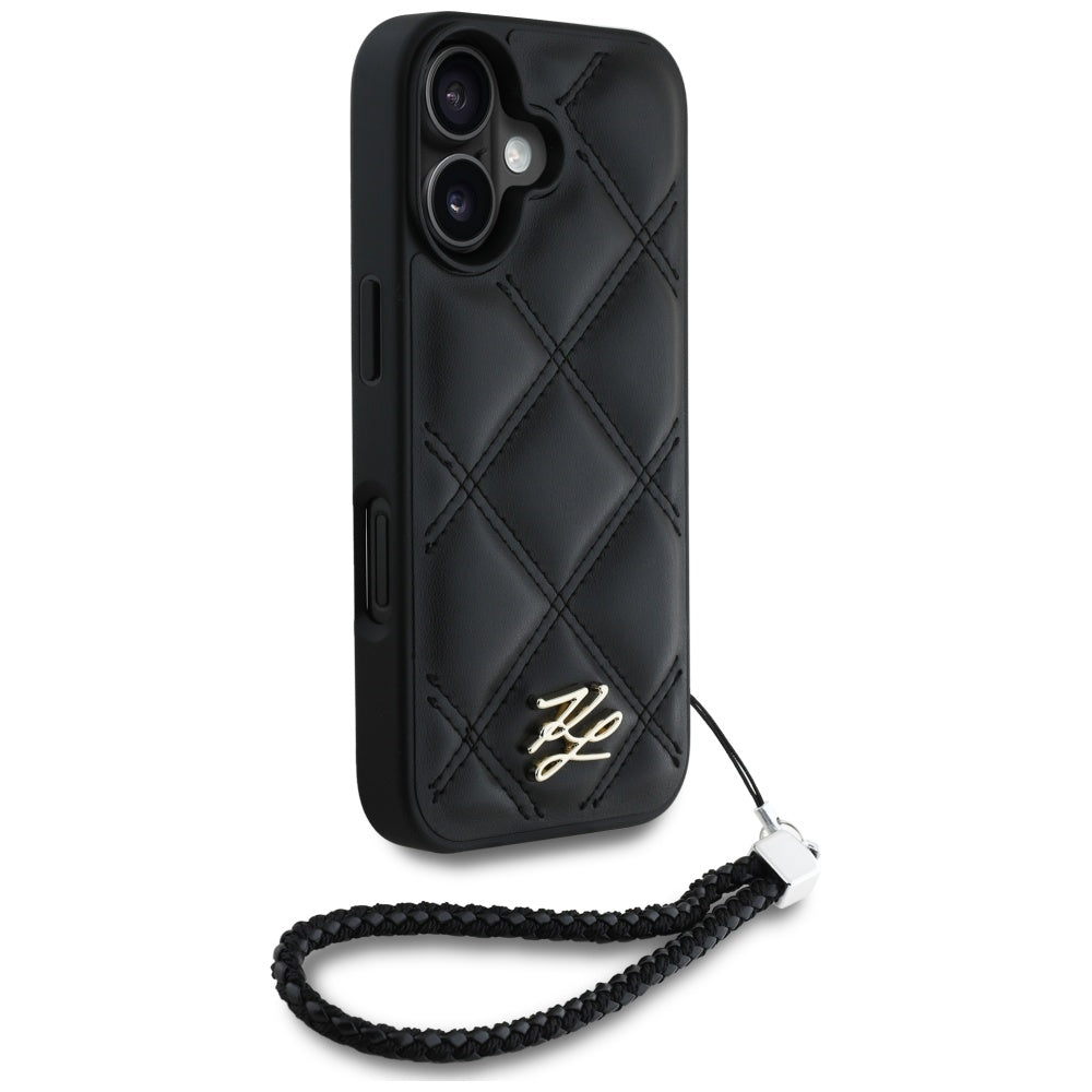 Pouzdro pro Apple iPhone 16, Karl Lagerfeld, Quilted Initial Logo & Chain Strap, Černá