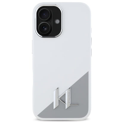 Pouzdro pro Apple iPhone 16, Karl Lagerfeld, Silicone White Shadow Metal Initial, Bílá