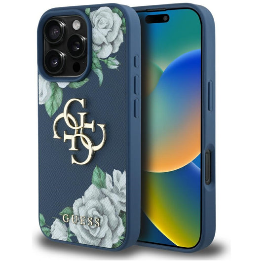 Pouzdro pro Apple iPhone 16 Pro, Guess, 4G Grained Roses Big Logo, Modrá
