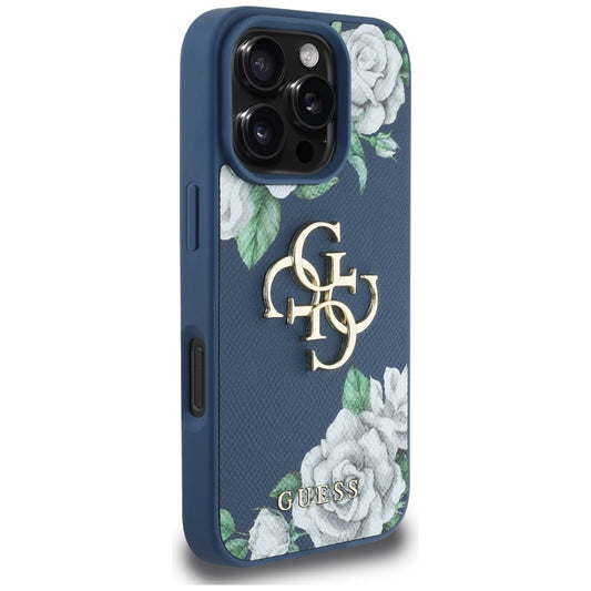 Pouzdro pro Apple iPhone 16 Pro, Guess, 4G Grained Roses Big Logo, Modrá