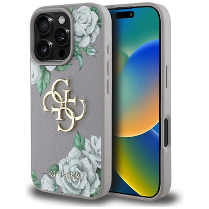 Pouzdro pro Apple iPhone 16 Pro, Guess, 4G Grained Roses Big Logo, Fialová