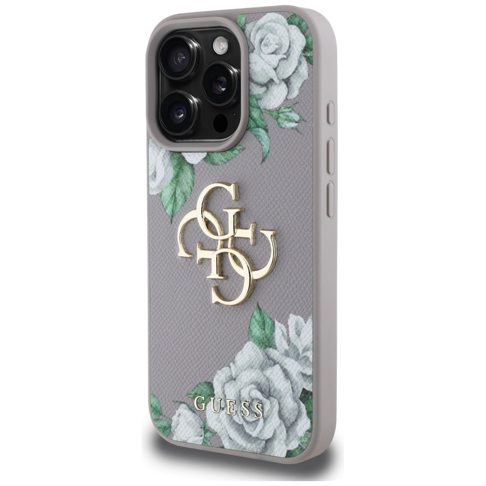 Pouzdro pro Apple iPhone 16 Pro, Guess, 4G Grained Roses Big Logo, Fialová