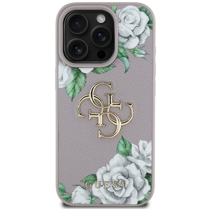 Pouzdro pro Apple iPhone 16 Pro, Guess, 4G Grained Roses Big Logo, Fialová