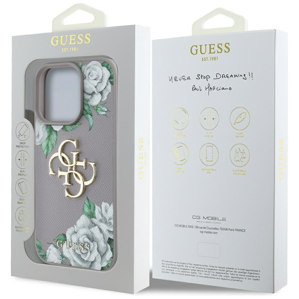 Pouzdro pro Apple iPhone 16 Pro, Guess, 4G Grained Roses Big Logo, Fialová