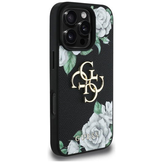 Pouzdro pro Apple iPhone 16 Pro, Guess, 4G Grained Roses Big Logo, Černá