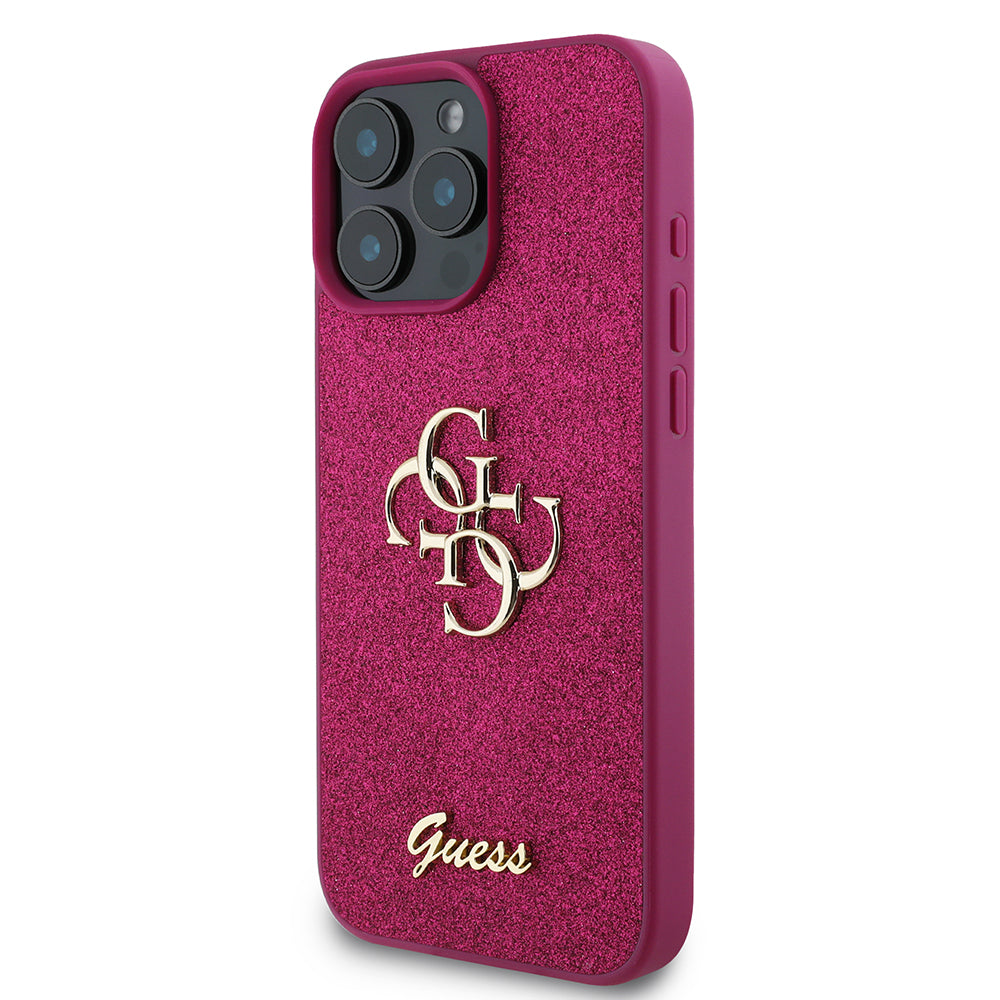 Pouzdro pro Apple iPhone 16 Pro, Guess, Glitter Big 4G Script, Magenta