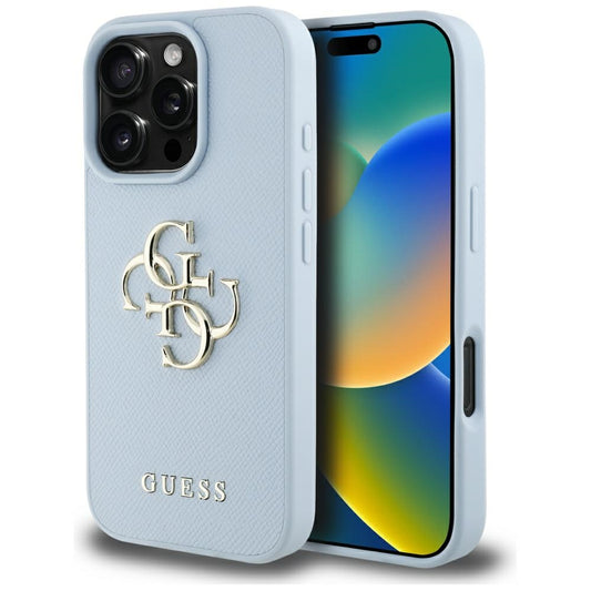 Pouzdro pro Apple iPhone 16 Pro, Guess, Grained Big 4G Logo Small Classic Logo, Modrá