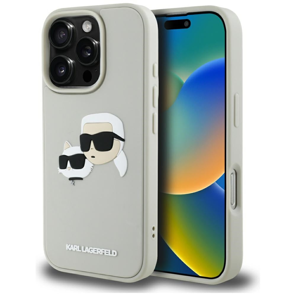 Pouzdro pro Apple iPhone 16 Pro, Karl Lagerfeld, 3D Rubber Karl & Choupette, Béžová