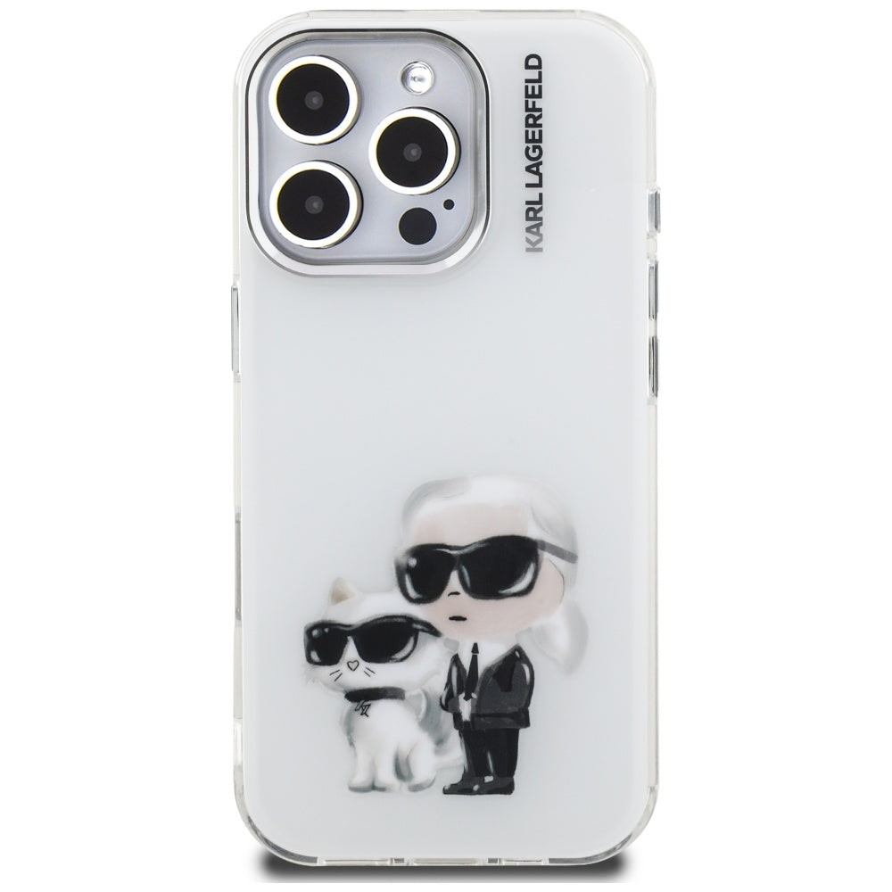 Pouzdro pro Apple iPhone 16 Pro, Karl Lagerfeld, IML Aquarelle Logo Karl & Choupette, Bílá