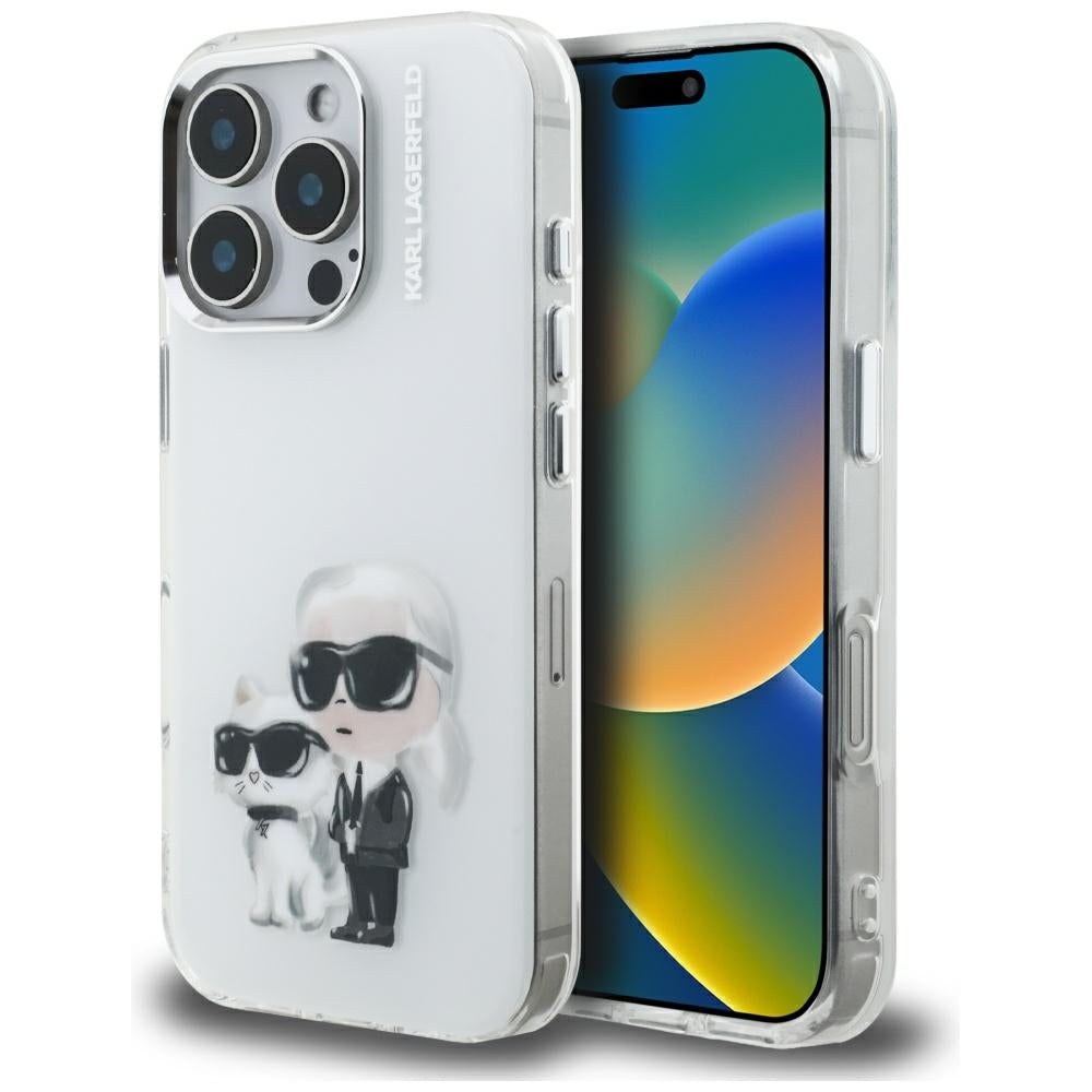 Pouzdro pro Apple iPhone 16 Pro, Karl Lagerfeld, IML Aquarelle Logo Karl & Choupette, Bílá