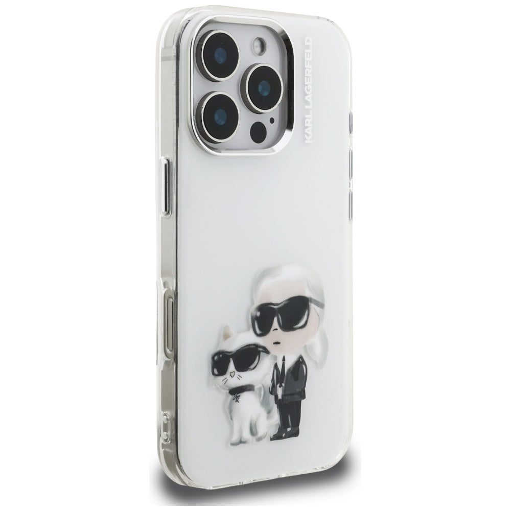 Pouzdro pro Apple iPhone 16 Pro, Karl Lagerfeld, IML Aquarelle Logo Karl & Choupette, Bílá