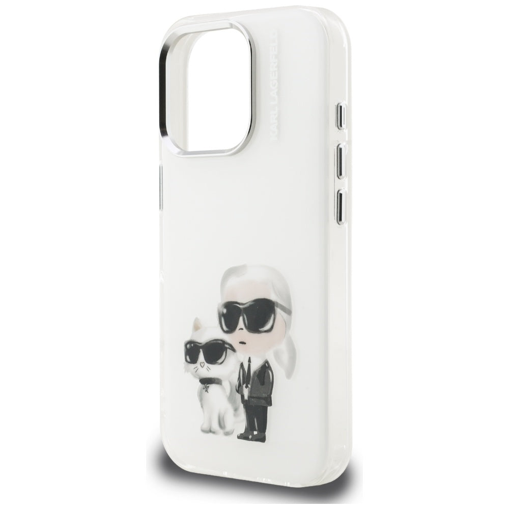 Pouzdro pro Apple iPhone 16 Pro, Karl Lagerfeld, IML Aquarelle Logo Karl & Choupette, Bílá