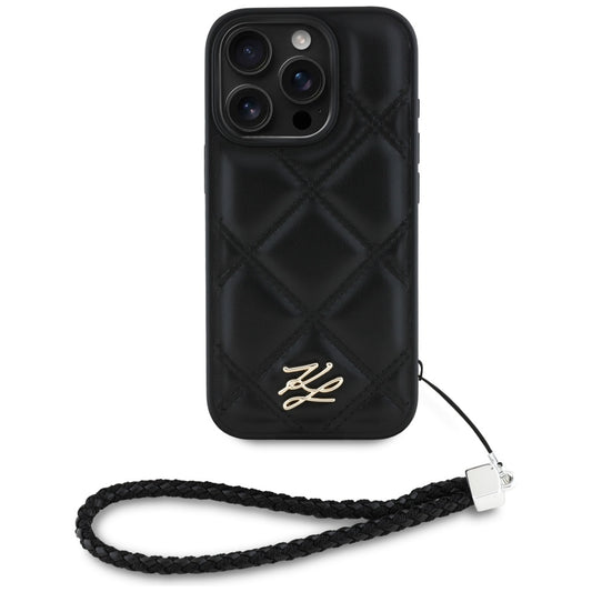 Pouzdro pro Apple iPhone 16 Pro, Karl Lagerfeld, Quilted Initial Logo & Chain Strap, Černá
