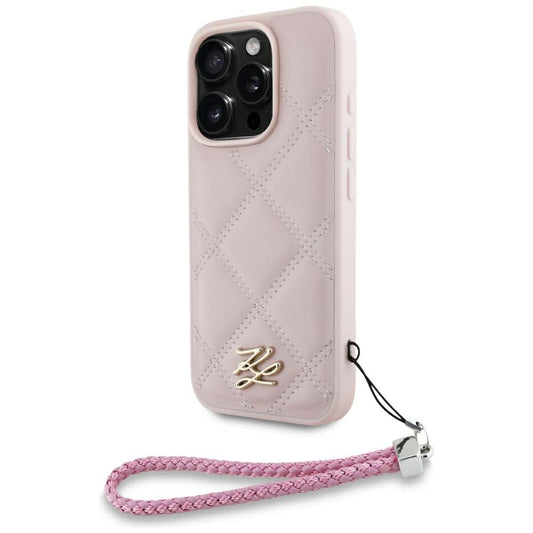 Pouzdro pro Apple iPhone 16 Pro, Karl Lagerfeld, Quilted Initial Logo & Chain Strap, Růžové