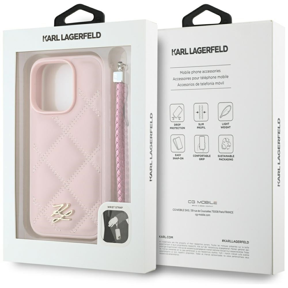 Case for Apple iPhone 16 Pro, Karl Lagerfeld, Quilted Initial Logo & Chain Strap, Pink