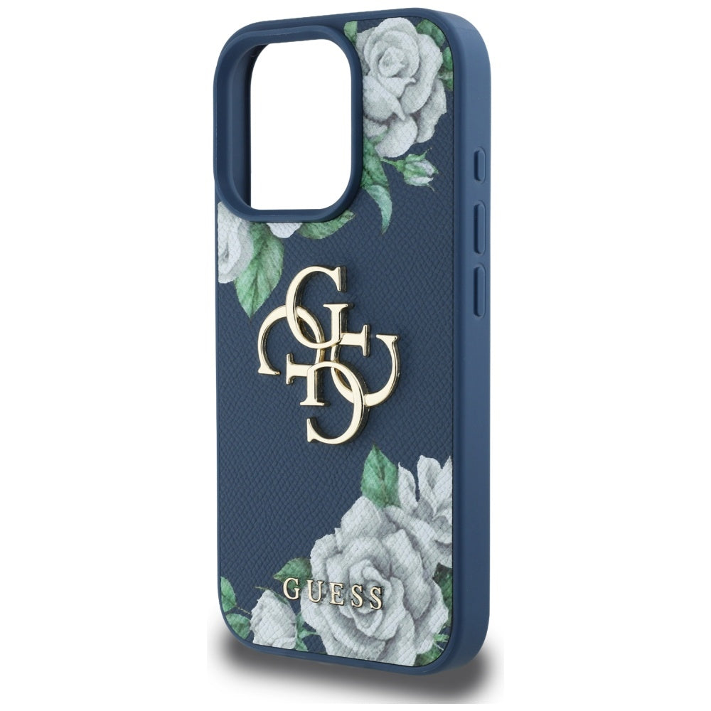 Pouzdro pro Apple iPhone 16 Pro Max, Guess, 4G Grained Roses Big Logo, Modrá