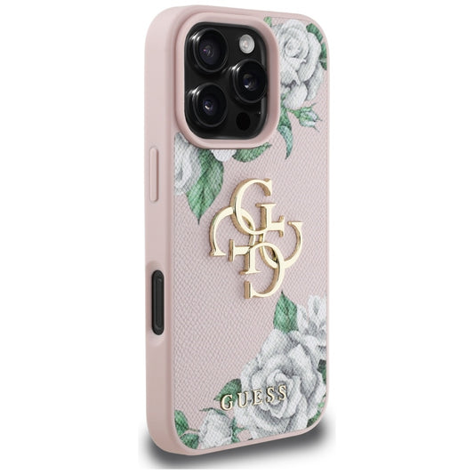 Pouzdro pro Apple iPhone 16 Pro Max, Guess, 4G Grained Roses Big Logo, Růžové