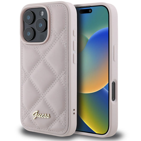Pouzdro pro Apple iPhone 16 Pro Max, Guess, Quilted Metal Logo, Růžové