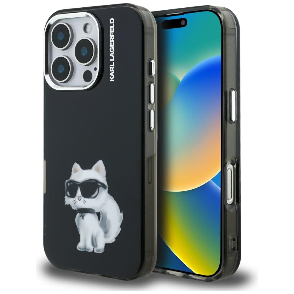 Pouzdro pro Apple iPhone 16 Pro Max, Karl Lagerfeld, IML Aquarelle Logo Choupette, Černá