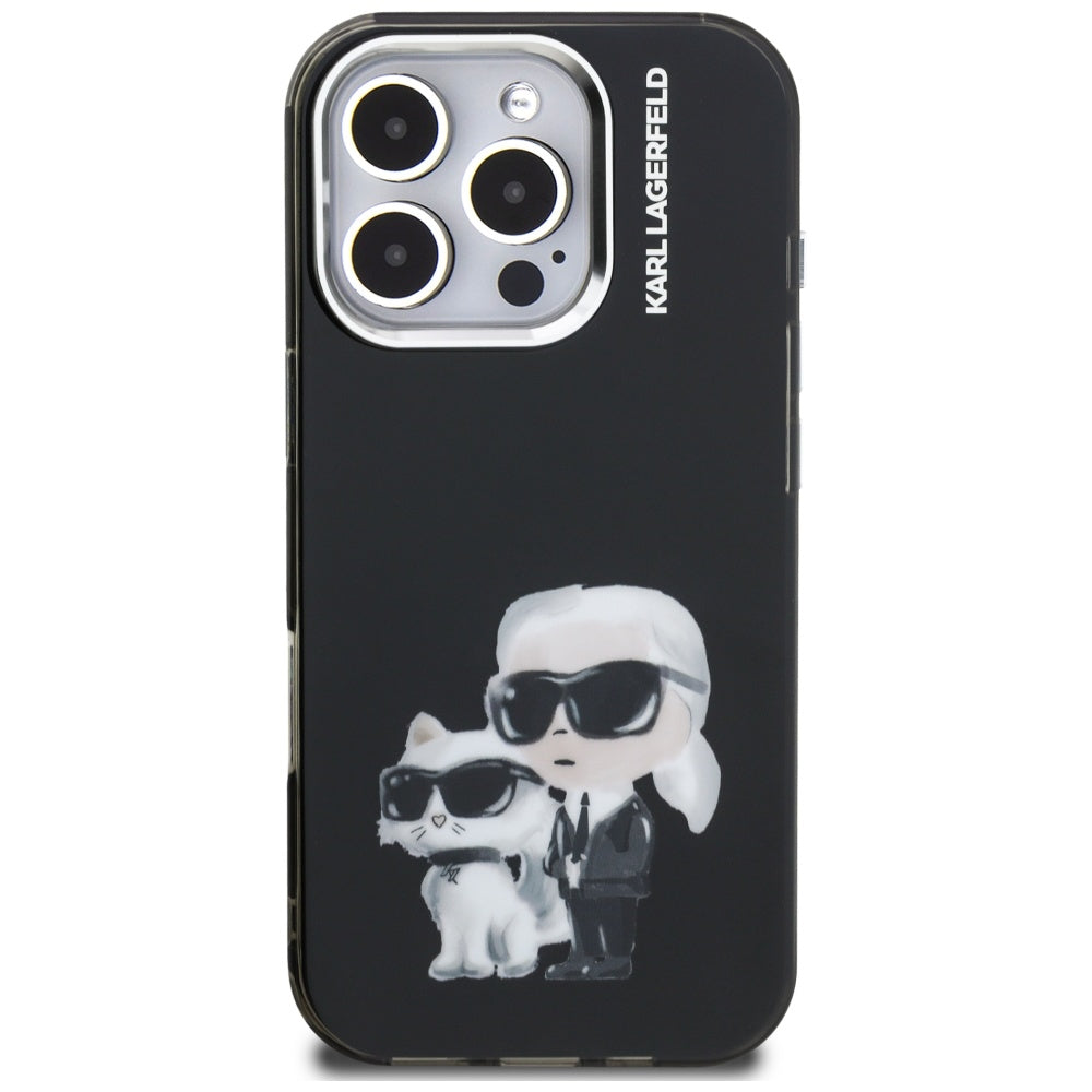 Pouzdro pro Apple iPhone 16 Pro Max, Karl Lagerfeld, IML Aquarelle Logo Karl & Choupette, Černá