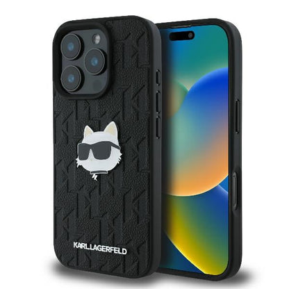 Pouzdro pro Apple iPhone 16 Pro Max, Karl Lagerfeld, Monogram Choupette's Head, Černá