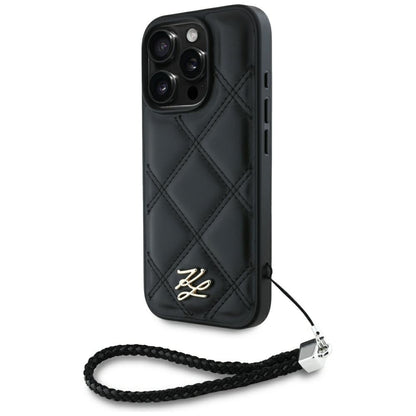 Pouzdro pro Apple iPhone 16 Pro Max, Karl Lagerfeld, Quilted Initial Logo & Chain Strap, Černá