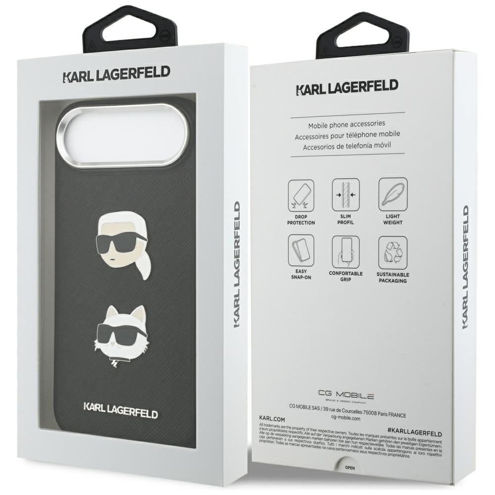 Pouzdro pro Apple iPhone 17 Air, Karl Lagerfeld, Grained Karl & Choupette's Heads Pins and Logo, Černá