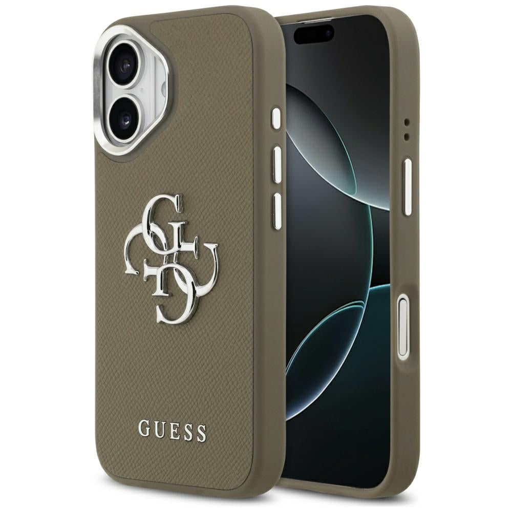 Pouzdro pro Apple iPhone 17, Guess, 4G Grained Big And Classic Logo, Hnědé Stříbrné