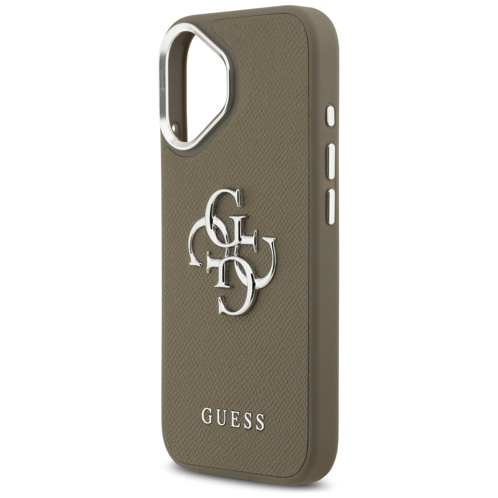 Pouzdro pro Apple iPhone 17, Guess, 4G Grained Big And Classic Logo, Hnědé Stříbrné