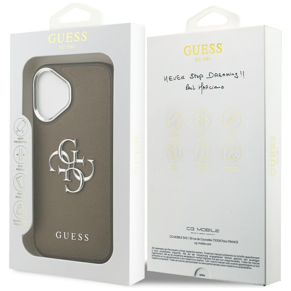 Pouzdro pro Apple iPhone 17, Guess, 4G Grained Big And Classic Logo, Hnědé Stříbrné