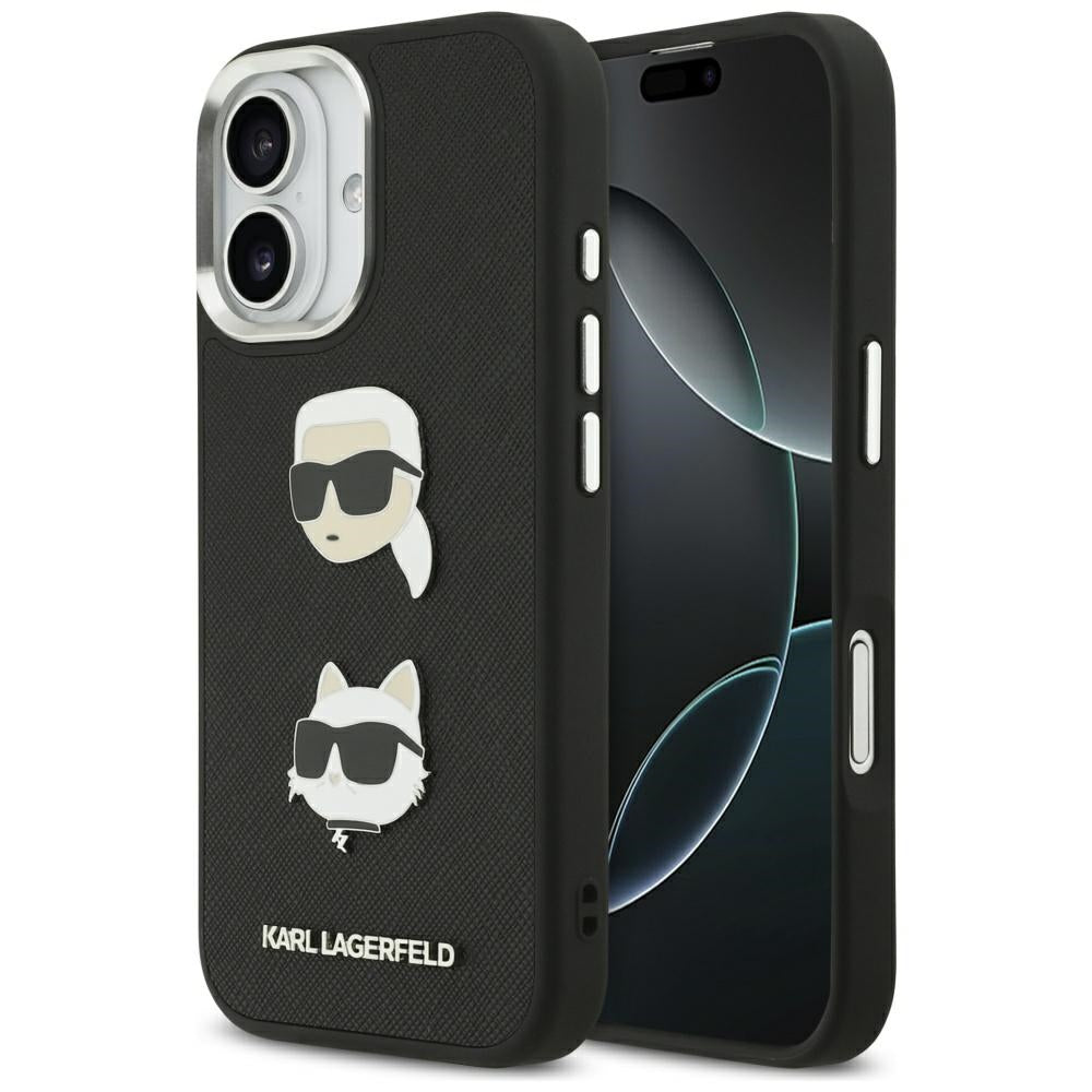 Pouzdro pro Apple iPhone 17, Karl Lagerfeld, Grained Karl & Choupette's Heads Pins and Logo, Černá