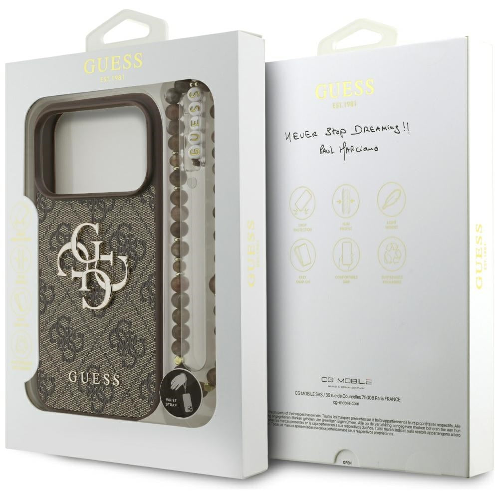 Pouzdro pro Apple iPhone 17 Pro, Guess, 4G Classic Logo with Pearl Strap, hnědá