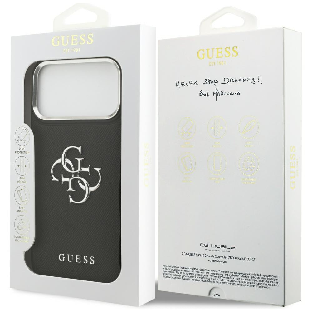 Pouzdro pro Apple iPhone 17 Pro, Guess, 4G Grained Big and Classic Logo, Černé Stříbrné