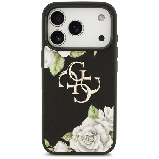 Pouzdro pro Apple iPhone 17 Pro, Guess, 4G Grained Roses Big Logo, Černá