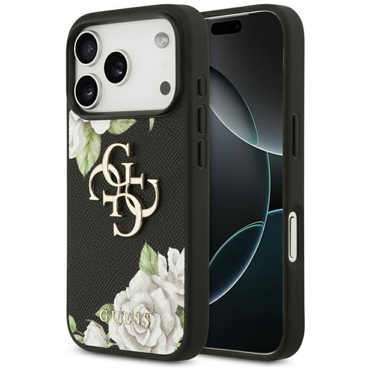 Pouzdro pro Apple iPhone 17 Pro, Guess, 4G Grained Roses Big Logo, Černá