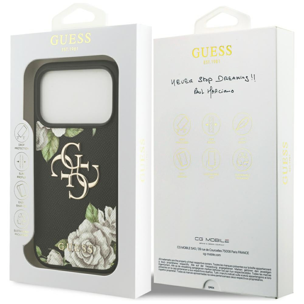 Pouzdro pro Apple iPhone 17 Pro, Guess, 4G Grained Roses Big Logo, Černá
