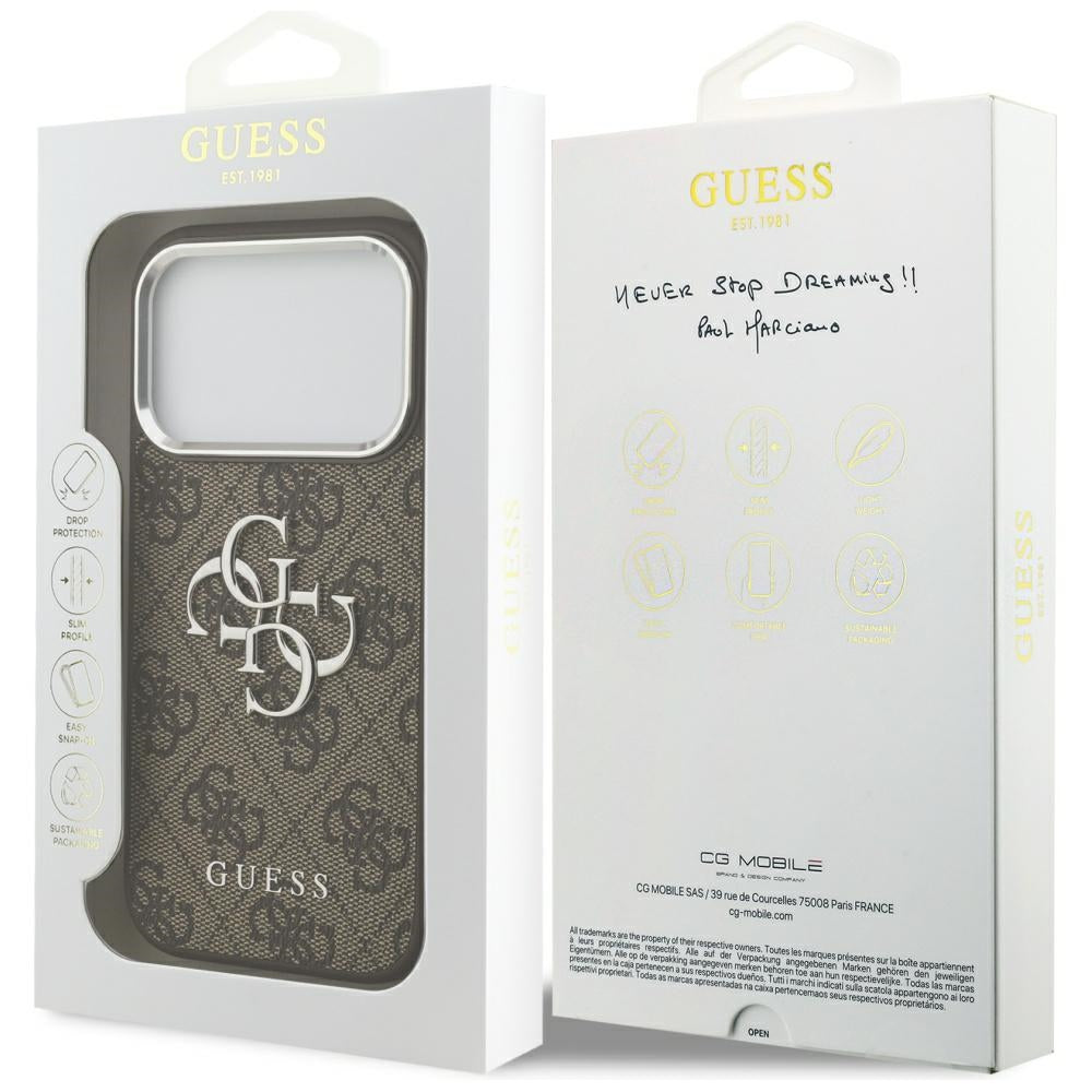 Pouzdro pro Apple iPhone 17 Pro, Guess, Big 4G Logo Classic, Stříbrně hnědé