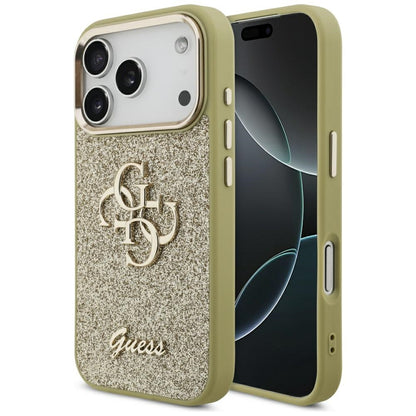Pouzdro pro Apple iPhone 17 Pro, Guess, Fixed Glitter Big 4G Metal Frame, Zlaté