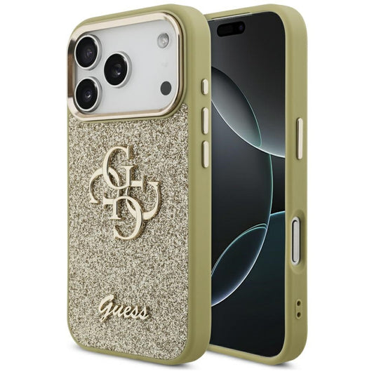 Pouzdro pro Apple iPhone 17 Pro, Guess, Fixed Glitter Big 4G Metal Frame, Zlaté