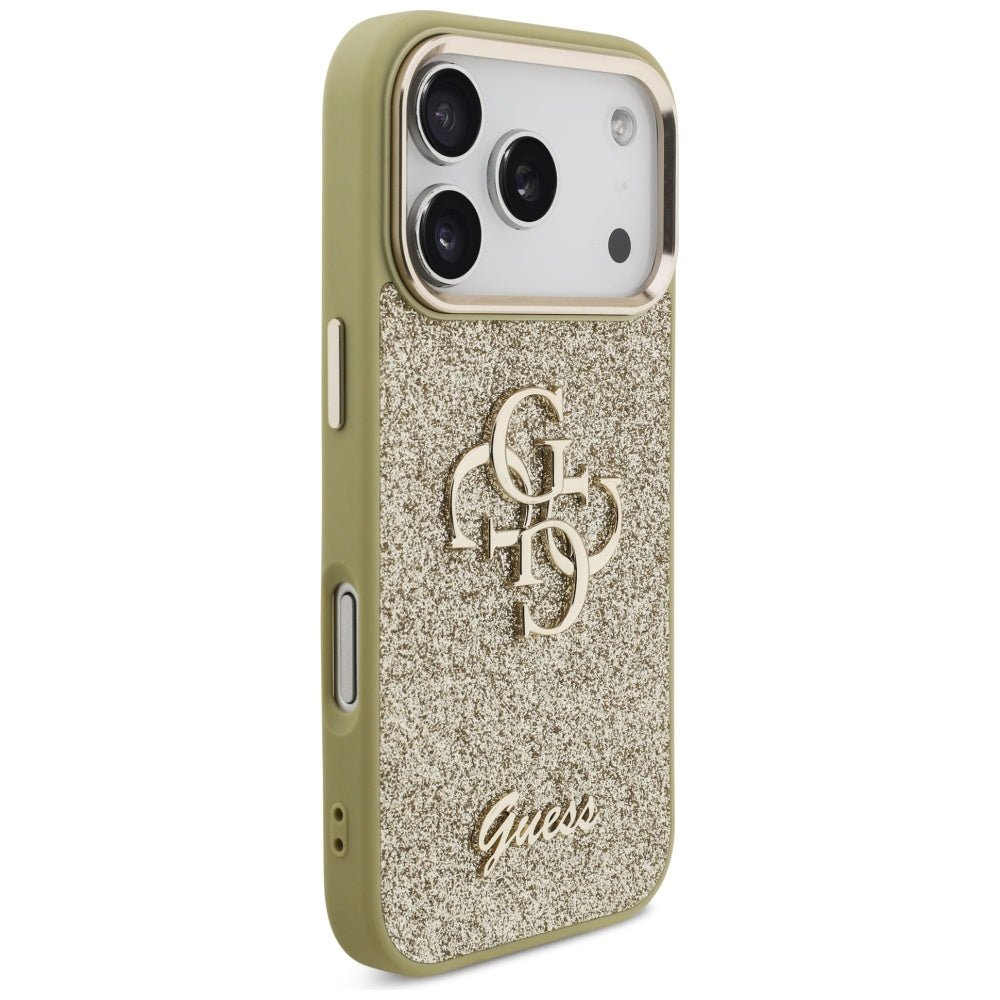 Pouzdro pro Apple iPhone 17 Pro, Guess, Fixed Glitter Big 4G Metal Frame, Zlaté
