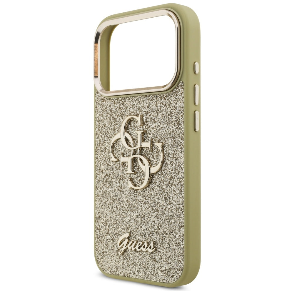 Pouzdro pro Apple iPhone 17 Pro, Guess, Fixed Glitter Big 4G Metal Frame, Zlaté