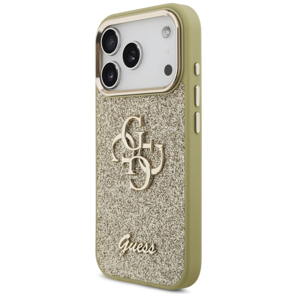 Pouzdro pro Apple iPhone 17 Pro, Guess, Fixed Glitter Big 4G Metal Frame, Zlaté