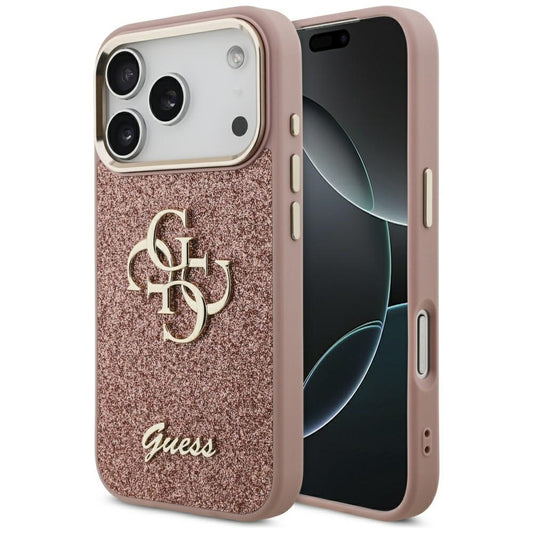Pouzdro pro Apple iPhone 17 Pro, Guess, Fixed Glitter Big 4G Metal Frame, Růžové