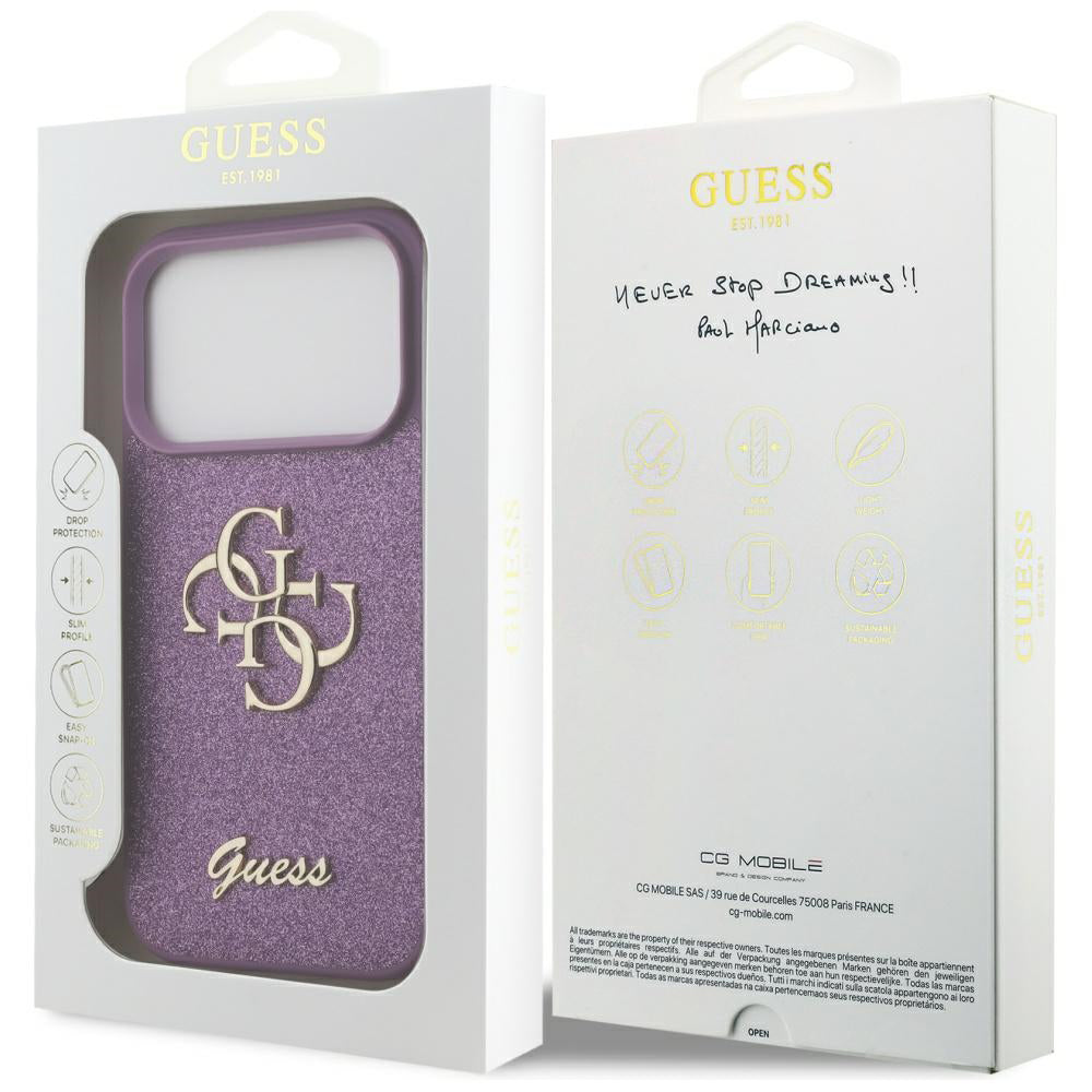 Pouzdro pro Apple iPhone 17 Pro, Guess, Fixed Glitter Big 4G, Fialové