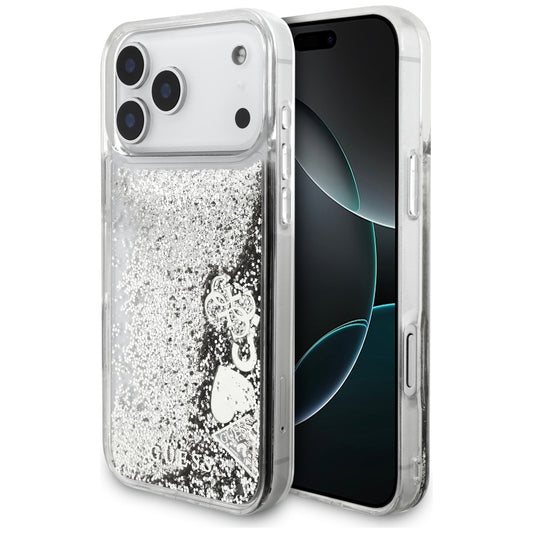 Pouzdro pro Apple iPhone 17 Pro, Guess, Liquid Glitter Charms, Stříbrné