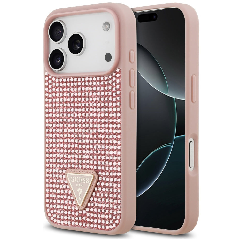 Pouzdro pro Apple iPhone 17 Pro, Guess, Rhinestone Triangle Logo, Růžové