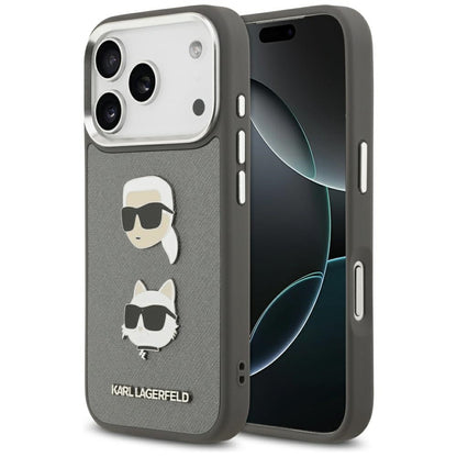 Pouzdro pro Apple iPhone 17 Pro, Karl Lagerfeld, Grained Karl & Choupette's Heads Pins and Logo, šedé