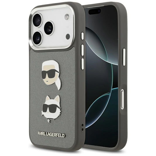 Pouzdro pro Apple iPhone 17 Pro, Karl Lagerfeld, Grained Karl & Choupette's Heads Pins and Logo, šedé