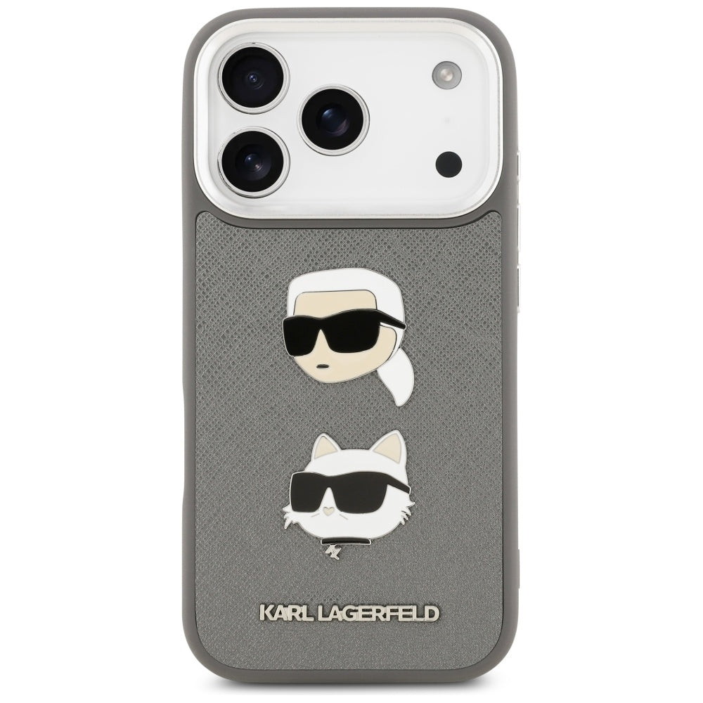 Pouzdro pro Apple iPhone 17 Pro, Karl Lagerfeld, Grained Karl & Choupette's Heads Pins and Logo, šedé